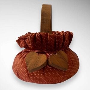 VINTAGE 80's/90's Decorative Fabric Basket W/ Handle‎ & Wooden Heart Accents